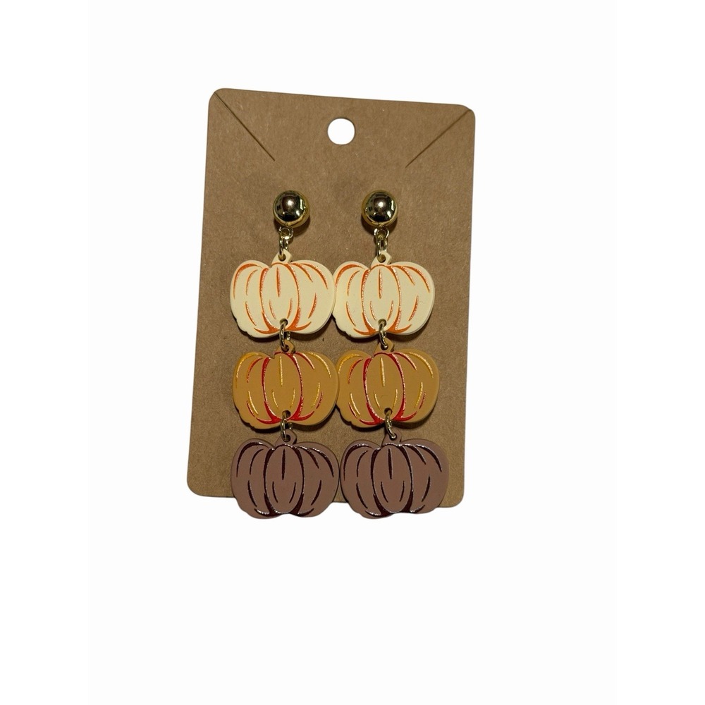 Handmade Fall Pumpkin Tiered Drop Earrings Gold Tone Autumn Harvest Dangle